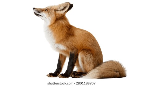 Side profile of a sitting red fox with fluffy tail and black legs