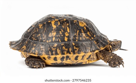 A side profile view of an Eastern Box Turtle (Terrapene carolina carolina) with its distinctive yellow and black patterned shell, isolated on white.