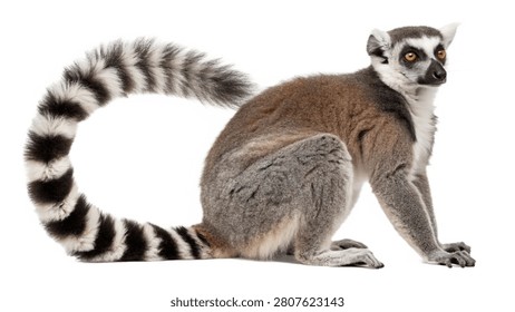 Side profile view of a ring-tailed lemur isolated on white transparent background.