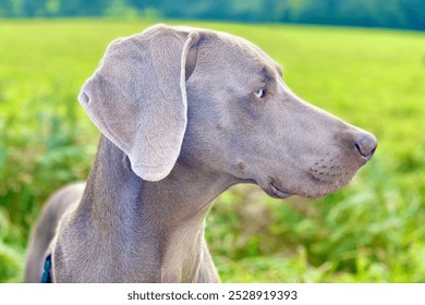 A side profile of a Weimaraner dog, with a calm expression, standing in a green field. - Powered by Shutterstock