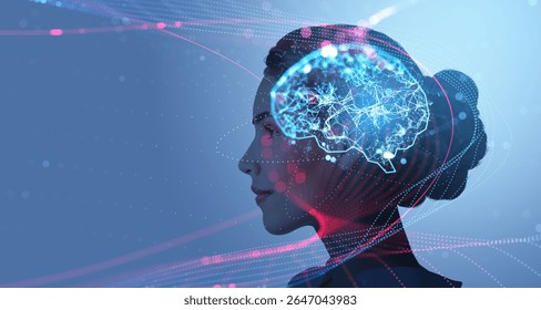 Side profile of a woman with glowing digital brain and neural connections overlaid, futuristic style on gradient blue background, concept of intelligence