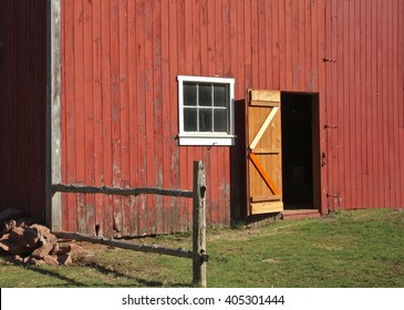 Side Of A Red Barn On A Farm In Connecticut.