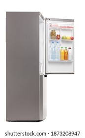 Side Shot Of A Fridge With An Open Door With Food And Drinks Isolated On White Background