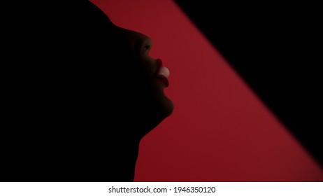 Side Shot View Of Young Woman Silhouette Blowing Bubble Gum In Red Studio. Close Up Of Girl Lower Face Chewing Bubblegum. Female Model Making Bubble With Chewing Gum. Unknown Girl Licking Her Lips.