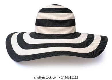 Side of stripe white black floppy beach hat fashion isolated white background. This has clipping path.