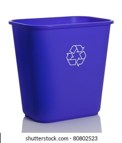 Side Top View Of A Tall Blue Recycling Bin Isolated On White Background.