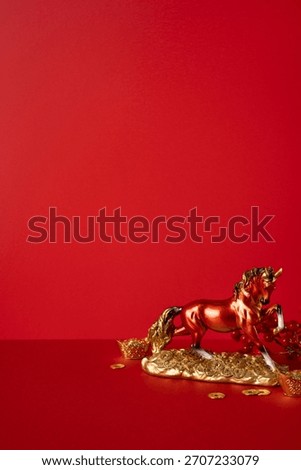 Side vertical view Rich red background features a gold horse statue and scattered coins, symbolizing luck prosperity and wealth in a festive Chinese New Year setting