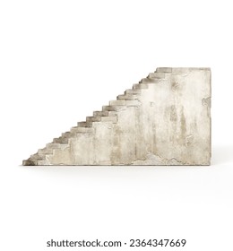 A side view of a 3D rendered, old, white stone staircase