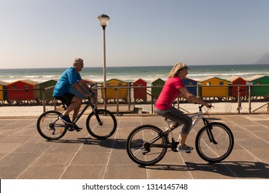 Side view of active senior couple riding a bicycle on a promenade at beach - Powered by Shutterstock