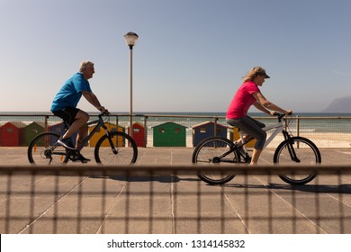 Side view of active senior couple riding a bicycle on a promenade at beach - Powered by Shutterstock