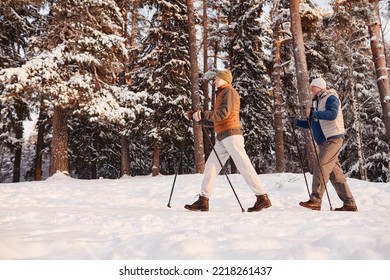 Side View Of Active Senior Couple Enjoying Nordic Walk With Poles In Winter Forest, Copy Space