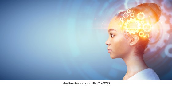 Side view of African American woman with shiny wheels inside her head representing thought process, space for text. Intelligence and smart ideas, creativity and innovations concept - Shutterstock ID 1847176030