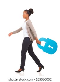 Side View Of African American Woman Walking With Lock Symbol On White Background