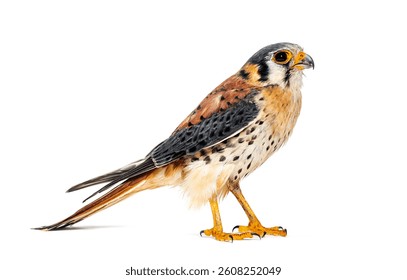 Side view of an American Kestrel, Falco sparverius, isolated on white