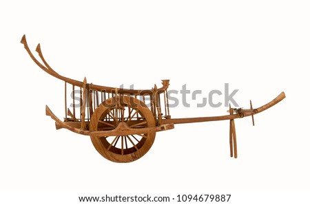 Side view Ancient wooden cart thai style wagon for cows drag, Isolated on white background