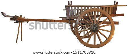 Side view Ancient wooden cart thai style wagon for cows drag, Isolated on white background