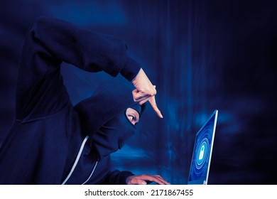 Side View Of Angry Hacker Pointing At The Laptop Screen While Failing To Hack Information In The Cyberspace