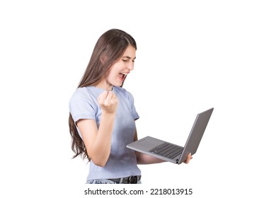 Side View Of An Angry Woman Holding A Laptop In Her Hand, Isolated On White Background. Irritated Freelancer Girl Yelling At Her Notebook Computer