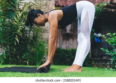 Side View Of Asian Girl Preparing Fitness Mat For Exercise Or Yoga On Green Grass Outdoor. Concept Of Healthy Lifestyle. Young Athletic Woman Wear Sportswear And Barefoot In Yard. Bali Island. Daytime