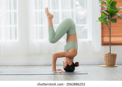 Side view of Asian woman wearing green sportwear doing Yoga exercise in front of windows.Yoga HandStand pose or Pincha Mayurasana.Calm of healthy young woman breathing and meditation yoga at home - Shutterstock ID 2062886252
