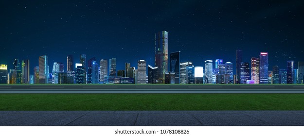 Side View Asphalt Road On Night Scene Near The Modern City .