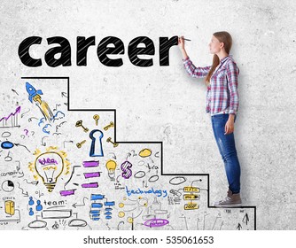 Side View Of Attractive Young Woman Standing On Abstract Drawn Ladder And Writing On Concrete Background. Career Concept