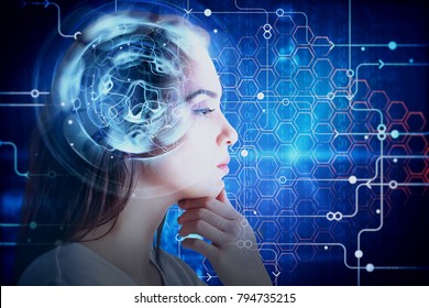 Side view of attractive young woman with abstract digital brain. Brainstorm and robotics concept. Double exposure 