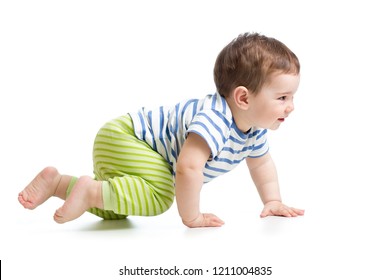 Side View Of Baby Boy Crawling Isolated On White Background