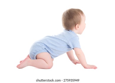 Side View Baby Boy Toddler Crawling Isolated On White Background