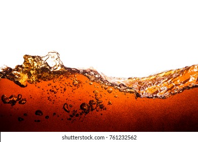 Side view background of refreshing cola flavored soda with bubbles isolated on white