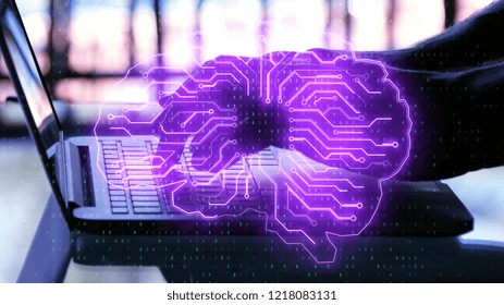 Side view of backlit hands using laptop with glowing circuit brain. Artificial intelligence and communication concept. Double exposure 