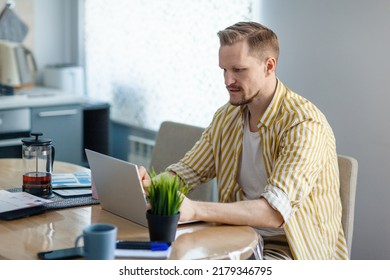 Side view of bearded middle aged man working on laptop pc sitting at table in kitchen at home, documents and french press teapot nearby