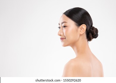 Side view of Beautiful Asian woman smile with clean and fresh skin Happiness and cheerful with positive emotional,isolated on white background,Beauty and Cosmetics Concept