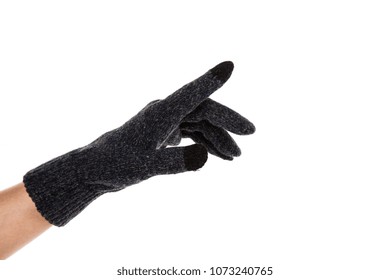 Side View Of Beautiful Human Hand Palm Dressed In New Nice And Soft Natural Wool Fabric Touch Screen Gloves Isolated On Abstract White Background. Wearing And Special Clothes Concept. Detailed Closeup