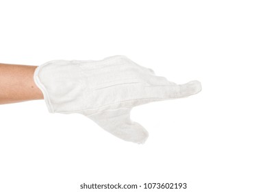 Side View Of Beautiful Human Hand Palm Dressed In New Nice And Soft Natural Cotton Fabric Glove Isolated On Abstract White Background. Wearing And Special Clothes Concept. Detailed Closeup Studio Shot