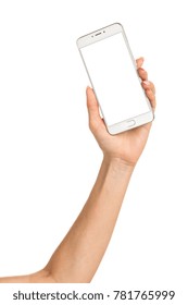 Side View Of Beautiful Relaxed Left Human Female Hand With Neutral Manicure Hold Blank Screen Smartphone In A Palm Isolated On Abstract Blurred White Background. Detailed Closeup Studio Shot