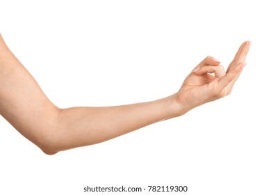 Side view of beautiful relaxed right female hand palm with neutral manicure isolated on white background. Detailed closeup studio shot. - Shutterstock ID 782119300