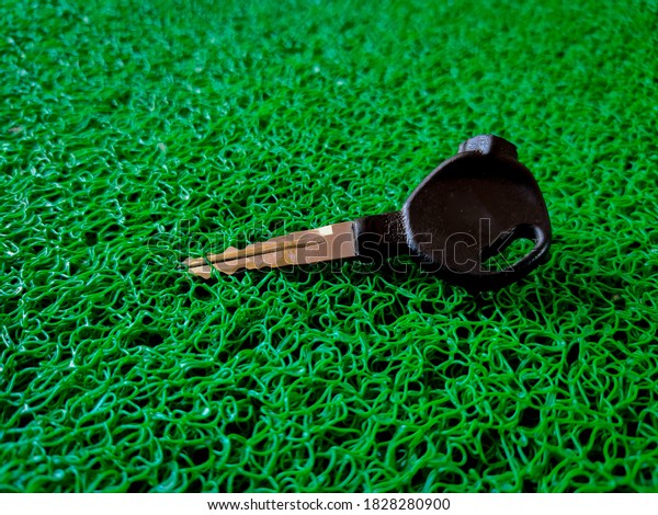 Side view\
of bike key isolated on green\
background.