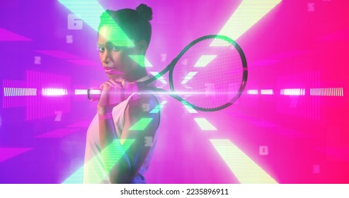 Side view of biracial female tennis player with racket standing over illuminated light beams. Copy space, contemplation, composite, sport, competition, match, glowing, shape and abstract concept. - Powered by Shutterstock