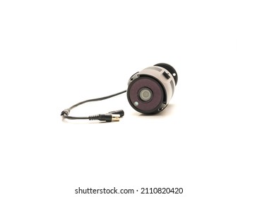 Side View Black Aluminum Weatherproof Security Camera Surveillance Video Bullet With Infrared Night Vision Lens Isolated On White Background.