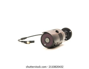 Side View Black Aluminum Weatherproof Security Camera Surveillance Video Bullet With Infrared Night Vision Lens Isolated On White Background.