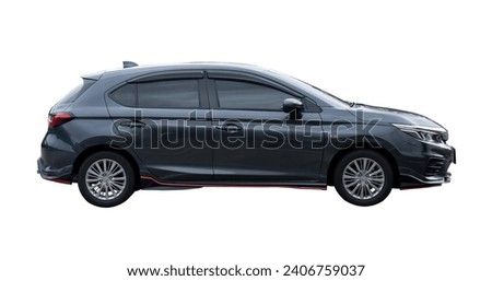 Side view of black luxurious hatchback car is isolated on white background with clipping path.