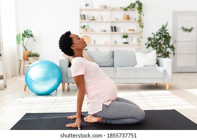 Side view of black pregnant woman doing backbend during meditation or yoga at home. Beautiful African American expectant lady stretching at time of her breathing practice indoors - Powered by Shutterstock