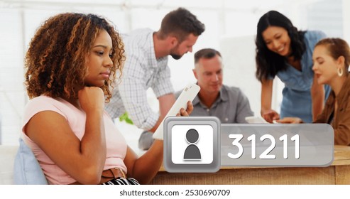 Side view of a black woman checking her tablet with an illustration of follower count box in the lower right foreground while a group of people are discussing on the background 4k