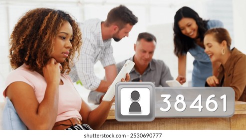 Side view of a black woman checking her tablet with an illustration of follower count box in the lower right foreground while a group of people are discussing on the background 4k