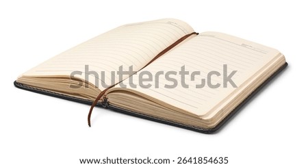 side view of blank open notebook or journal with line pages and bookmark ribbon isolated white background, cream colored empty lines for text