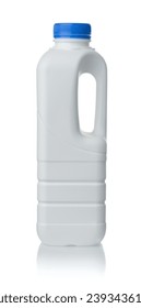 Side view of blank plastic milk bottle with handle isolated on white