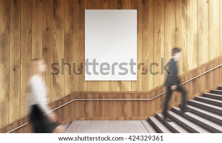 Side view of blank poster on wooden wall and businesspeople climbing stairs. Mock up, 3D Rendering