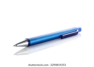 Side view of a blue ballpoint pen, isolated on a white background. Close up.