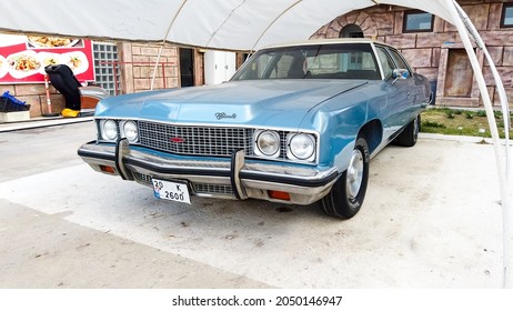 Side View Of A Blue Cadillac Eldorado Under The Canopy. Careful Storage Of A Vintage Car. Car Show Outdoor. Car Restoration. Turkey - September 10, 2021